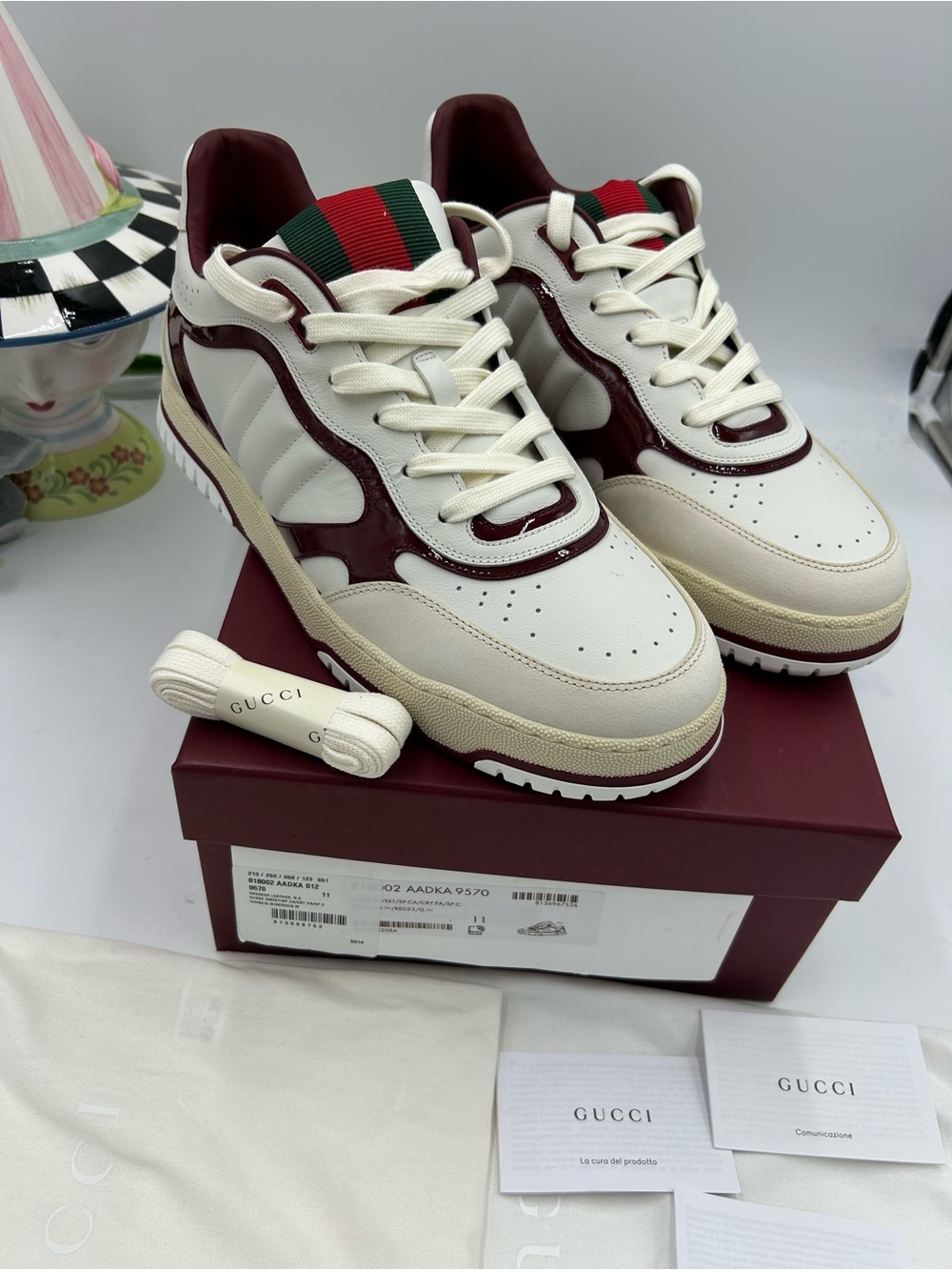 Men's Gucci re-web sneakers in white leather and patent trim size 11 fits 12 US